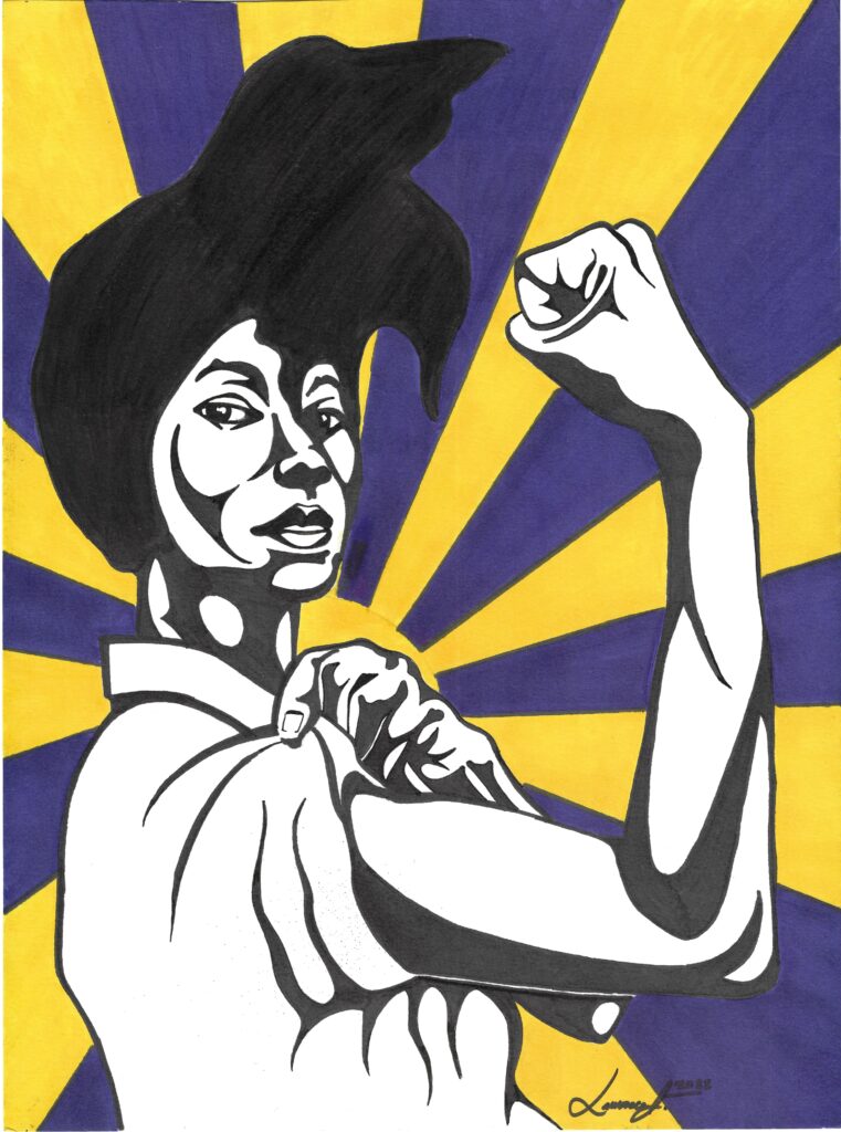 A black and white drawing of a black woman with a black headwrap holding up her arm in the style of Rosie the Riveter against a blue and yellow radial background, done by Lawrence Jenkins.
