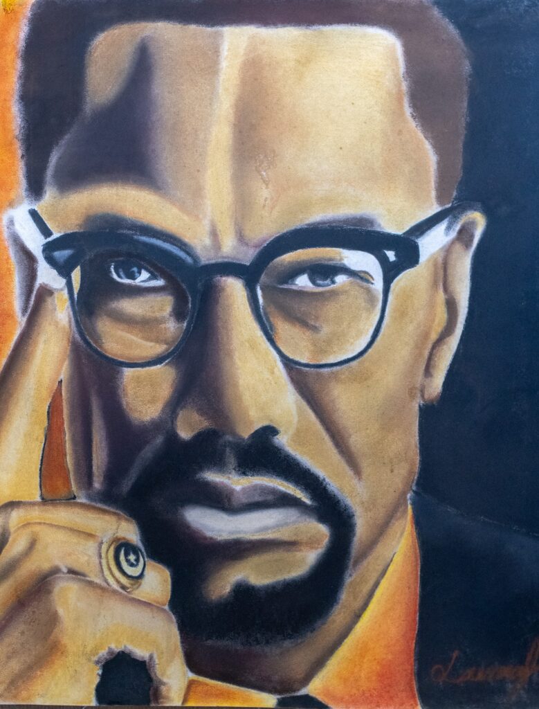 A color portrait of Malcolm X done by Lawrence Jenkins.