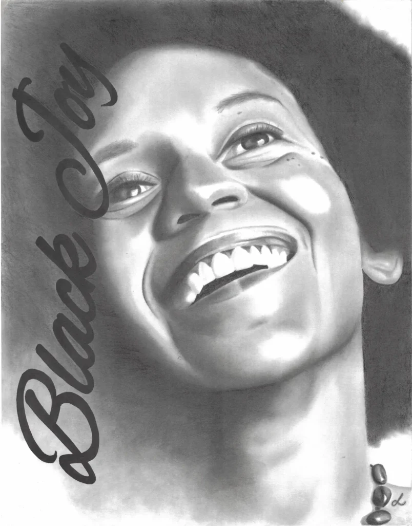 A pencil drawing of the poet and activist Nikki Giovanni smiling with the words 
