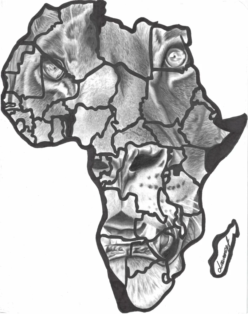 A picture of the continent of Africa, divided into its countries, with a drawing of a lion