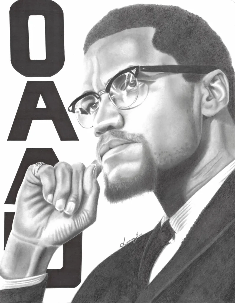 A pencil sketch of Malcolm X done by Lawrence Jenkins