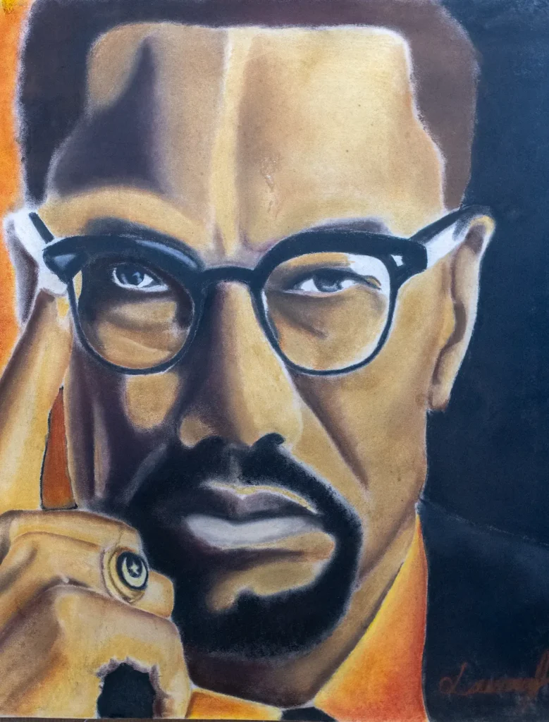 A color portrait of Malcolm X done by Lawrence Jenkins.
