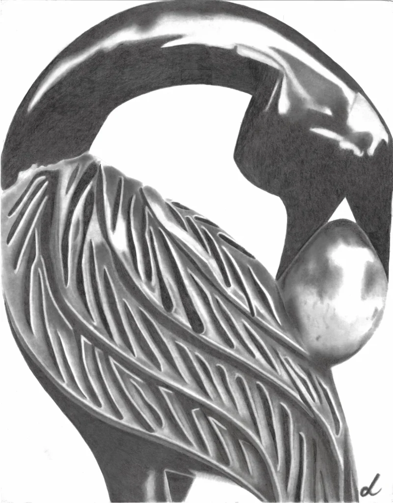 A pencil drawing of the Sankofa bird done by Lawrence Jenkins.