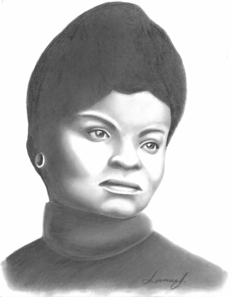 A pencil portrait of a black woman wearing a headwrap - done by Lawrence Jenkins