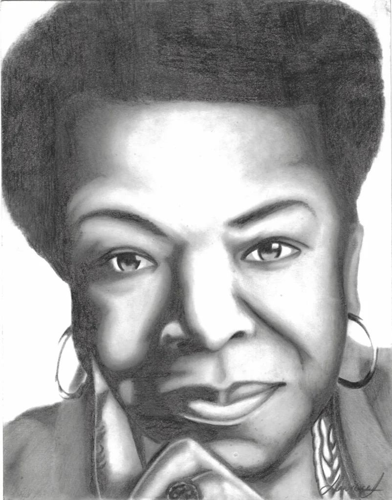 A pencil portrait of poet and activist Maya Angelou. Done by Lawrence Jenkins.